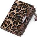 GOIACII RFID Women's Wallet Small Ladies Credit Card Holder Leather with Zipper Pocket 4 ID Windows Leopard Print Wax Black