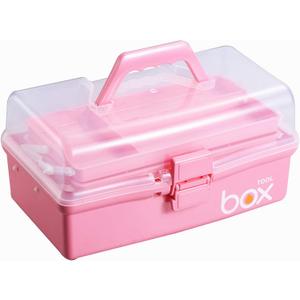 12'' Three-Layer Clear Plastic Storage Box with Handle, Craft Tool Box, 3 Layer Pink Tackle Box for Women, Organizer Box for Sewing Art and Cosmetic (Pink) (1PCS)
