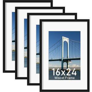 Wiscet 16x24 Picture Frame Set of 4, Display Picture 12x18 with Mat or 16x24 Poster Frame without Mat, Horizontal or Vertical Wall Mounting, Black