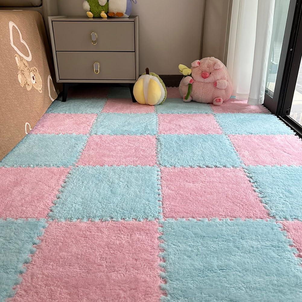 12 Pcs Plush Foam Interlocking Carpet Tiles,Soft Shaggy Fluffy Floor Area Rugs with Padding,Colorful Floor Protective Mats for Home Kids Room Playroom (Pink and Light Blue, 11.8 x 11.8 x 0.39)