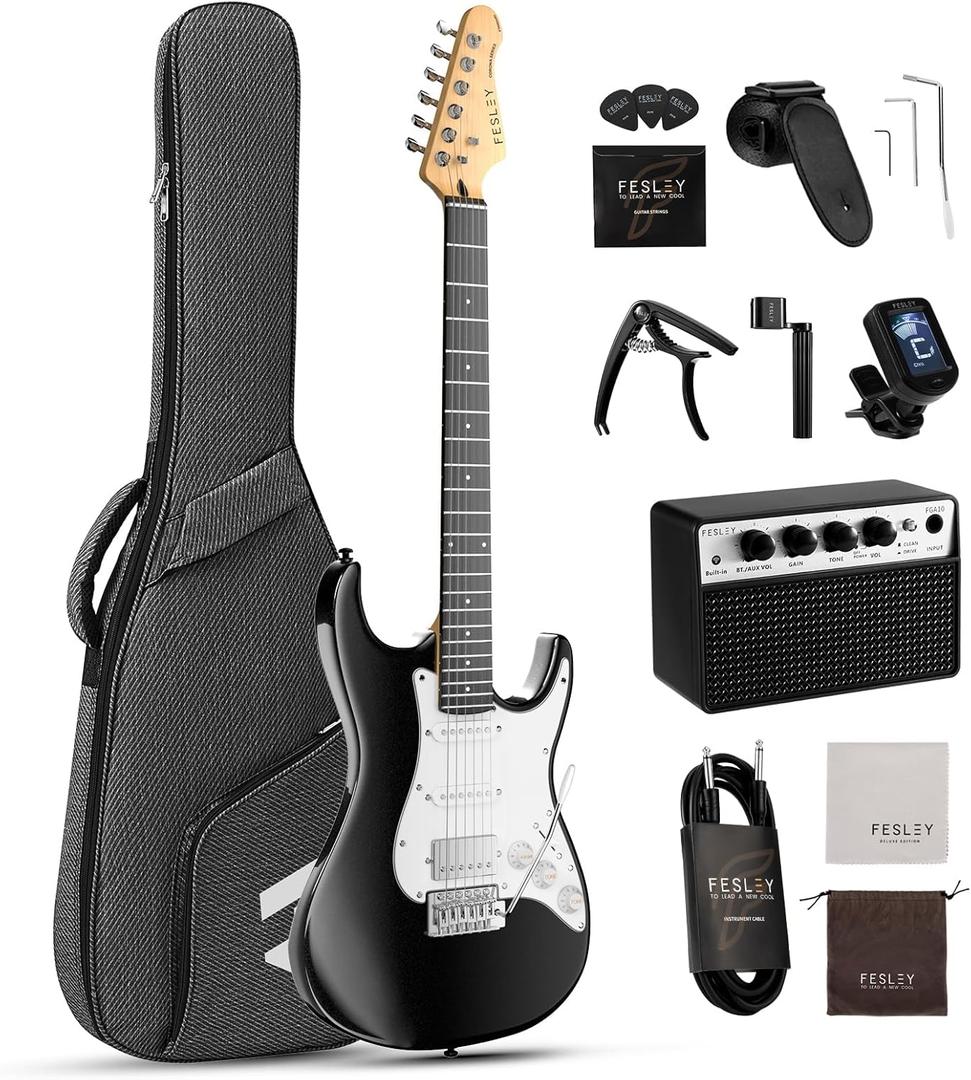 Fesley 39 Inch Electric Guitar: Beginner Electric Guitar Kit with HSS Pickup, Full Size Solid Body Guitar Starter Set with Amplifier, Bag, Strap, String, Cable, Picks, FST100, Black (39" Right Handed)