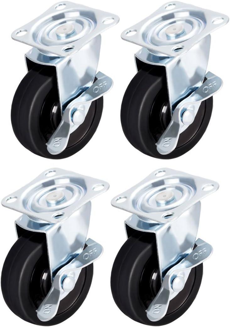 uxcell Swivel Caster Wheels with Brake 3" Rubber with 360 Degree Top Plate 110LBS Capacity for Furniture Carts Workbench, Black, Pack of 3