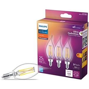 Philips LED 25W BA11 E12 Base 3-Pack Ultra Definition Soft White (2700K) 185 Lumen (2.3W = 25W) Dimmable Clear Flicker-Free Candelabra Light Bulbs