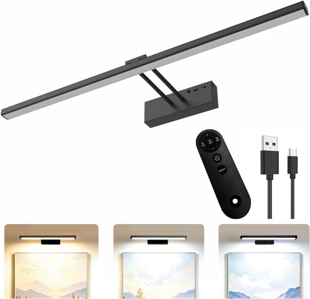 24" Wireless Picture Light, Dimmable Rechargeable Wall Light for Artwork | 5400mAh Cordless Black Wall Sconce, Magnetic, Easy to Install, Timers, Dimmable 3 Color, Remote, Art Light For Painting Gallery