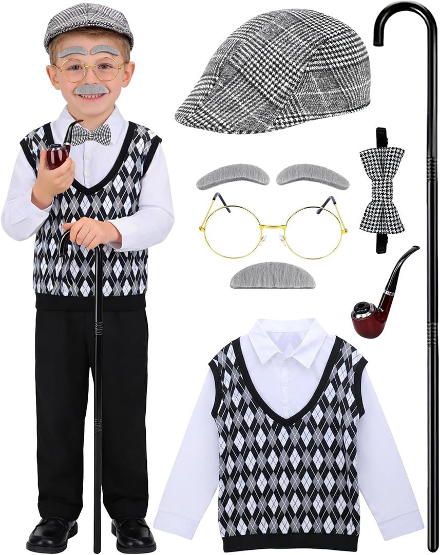 Old Man Costume for Kids - 7 Pcs Boys 100 Days of School Costume for Grandpa Outfit Dress Up Cosplay (11-13yr)