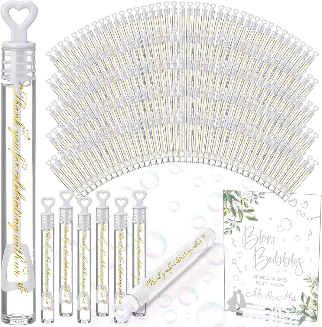 Realspring 102 Pcs Wedding Bubbles Bulk Gift Including Mini Clear Heart Bubble Wands Acrylic Display Board Sign with Stand for Wedding Send Off Anniversary Engagement Bridal Guests Gift (Elegant, White)