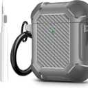 Maxjoy for Airpods Case, Carbon Fiber Secure Lock Clip Full Body Shockproof Hard Shell Protective Case Cover with Keychain for AirPod 1st and 2nd Generation Wireless Charging Case, Grey