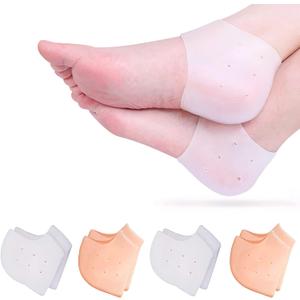 Heel Protectors Silicone, 4 Pairs Gel Heel Pads Cushion for Blister Prevention Achilles Tendinitis, Heal Dry Cracked Heels Plantar Fasciitis Inserts, Breathable Heel Cups for Heel Pain, Men and Women (2pairs White & 2pairs Natural)
