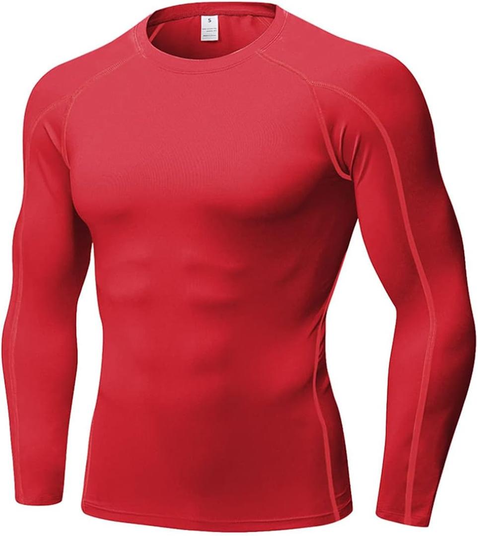 Men's Compression Shirts Long Sleeve Workout Baselayer Quick Dry Athletic T Shirts Sport Running Tops 1/2 Pack (Red)