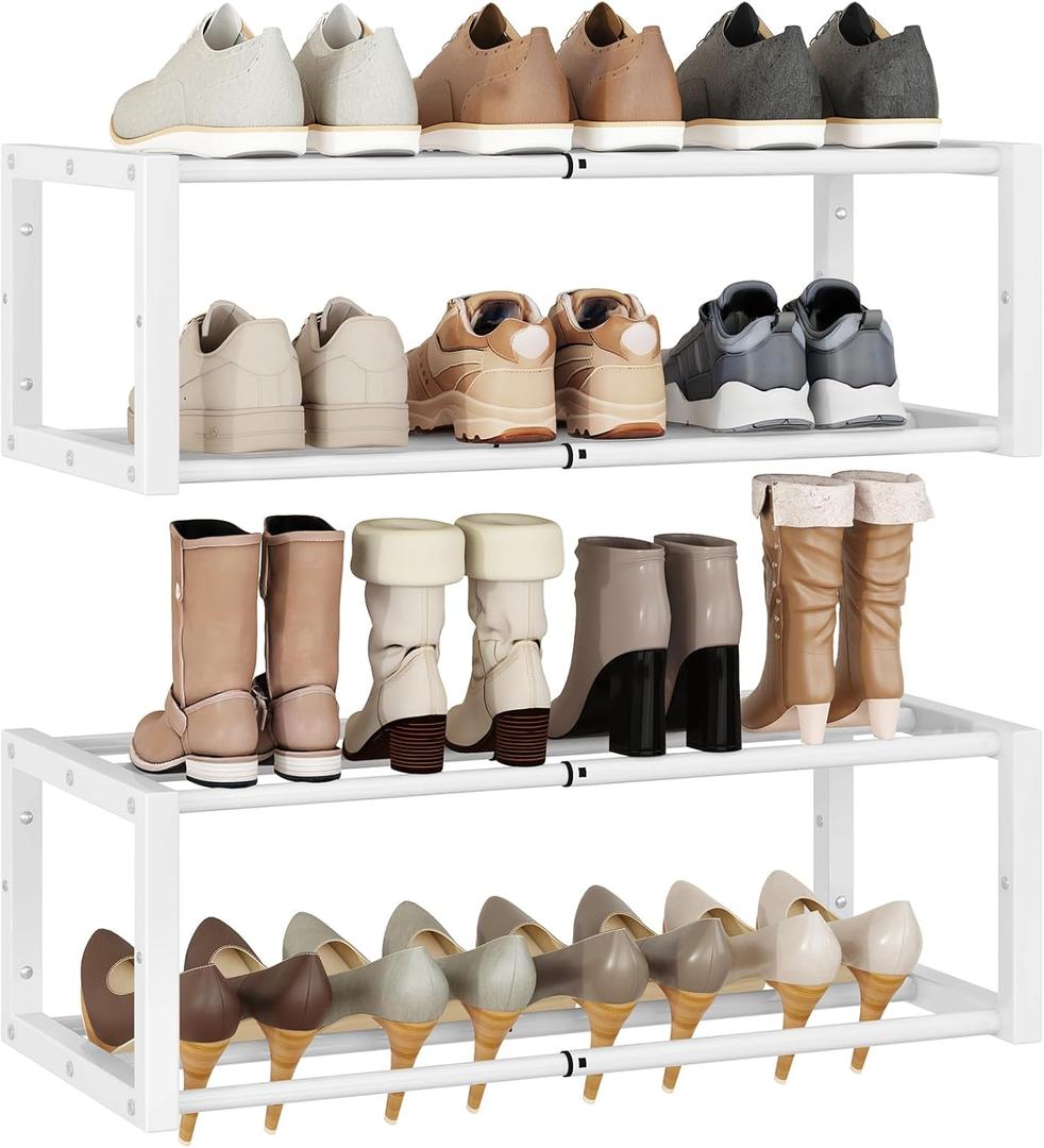 IBUYKE 2 Pack Wall Mounted Shoe Rack, 16"-29 Expandable Hanging Shoe Organizer for 12-16 Pairs, Space Saving Metal Wall Shoe Storage for Entryway Closet, White TXJ001W-2