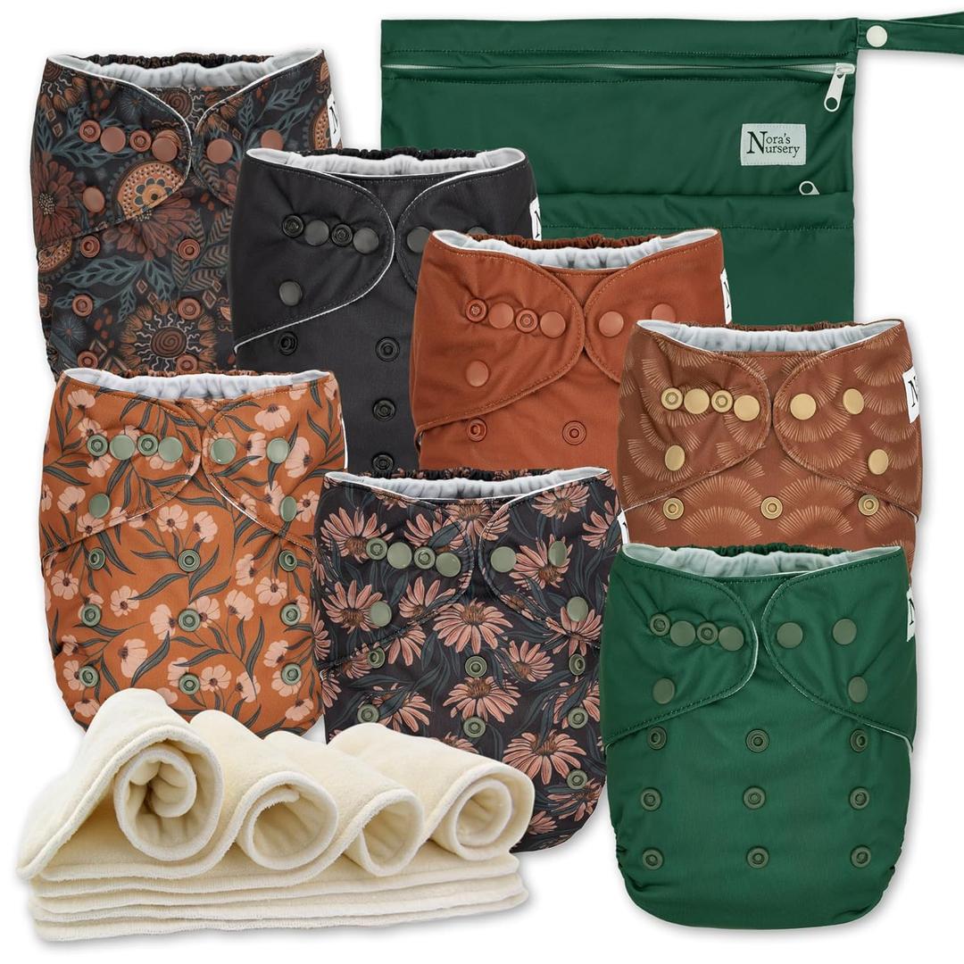 Nora's Nursery Cloth Diapers 7 Pack with 7 Inserts & 1 Wet Bag - Waterproof Cover, Washable, Reusable & One Size Adjustable Pocket Diapers for Newborns and Toddlers - Dahlia