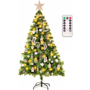 4ft Artificial Christmas Tree with Lights and Ornaments, Small Prelit Xmas Tree with Hanging Balls (8 Modes) for Home Holiday Decoration, Champagne+White