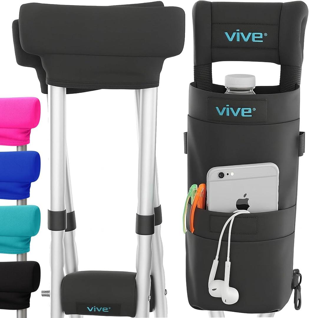Vive Crutch Pads, Bag, & Hand Grips (5 PCS) - Crutches for Adults Armpit Padding, Hand Grips, Accessories Pouch - Soft Tips Medical Padded Handles for Kids, Men, Women - Lightweight