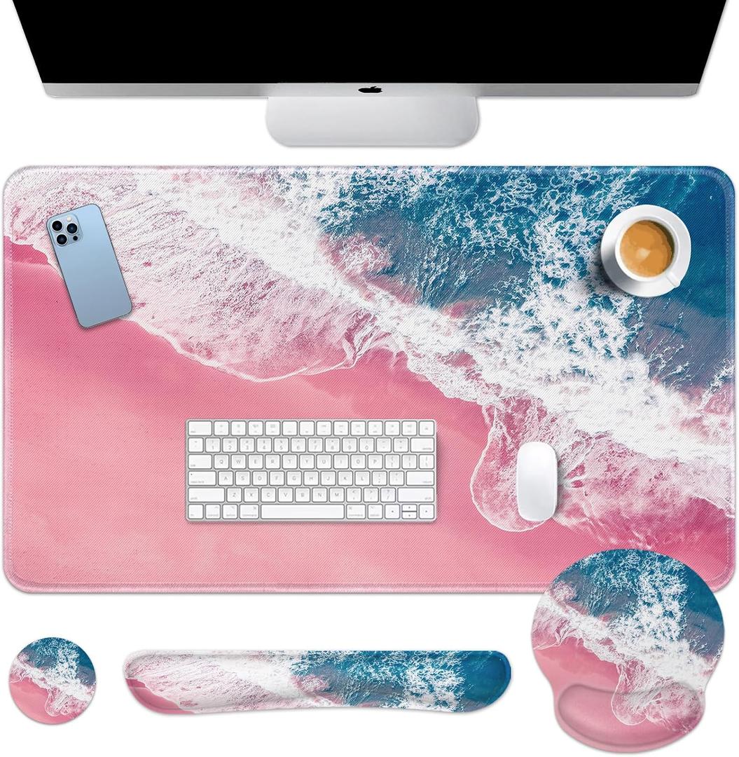 Britimes Keyboard Mouse Pad Set 4in1 Large Mousepad+Keyboard Wrist Rest+Mouse Wrist Rest+Coaster Set with Ergonomic Design for Home Office Computer 35.4x15.7Inches(Blue Sea Pink Sand Beach)