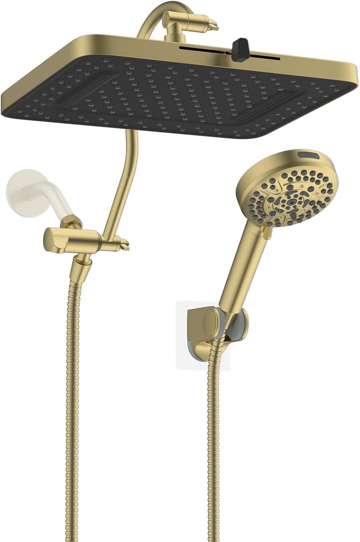 Hibbent 13'' 5-spray Rain Shower Head, 10-Spray Handheld, Brushed Gold