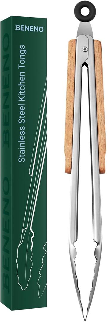 Beneno 12-Inch Stainless Steel Kitchen Tongs for Cooking with Heat-Insulating Wooden Grip Handle, Heavy Duty Heat-Resistant Metal Locking Tongs with Strong Scalloped Tips for Cooking, BBQ, Grab Food