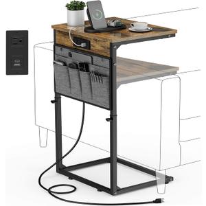 Vagusicc C Shaped End Table with Charging Station, 32" Tall Side Table for Couch, Sofa Table Adjustable Height Side Table C Table, Slide Under Couch Table TV Tray Table for Living Room, Bedroom, Brown