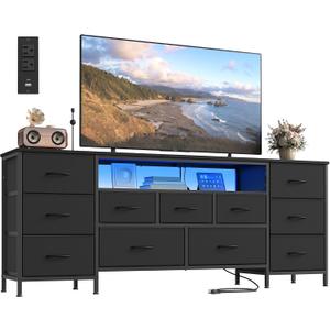 SONGMICS BELLAH Collection - TV Stand for TVs Up to 70 Inches, Dresser for Bedroom, Living Room, Chest of Drawers, Steel, 11 Drawers and Shelf, Modern, Ink Black ULGS043B101S, 13.8"D x 68.4"W x 26.8"H