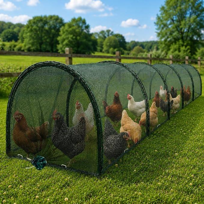 109" Foldable Chicken Runs for Outside with 30 Landscape Nails
Extra Long Foldable Chickens Tunnels for Yard, No Assembly, Shade Net Protection from Sun