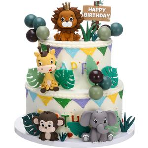 40 Pcs Safari Animal Cake Topper, Realistic Jungle Wild Cake Toppers Animal Figurines with Leaves Grass Balls Cake Decorations for Animals Themed Birthday Party Baby Shower Decorations