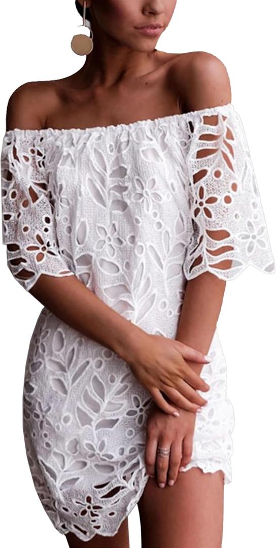 PRETTYGARDEN Women's Summer Off Shoulder Dresses Floral Lace Flare Short Sleeve Spring Vintage Elegant Mini Dress, XL