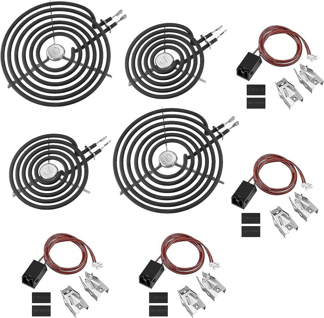 WB30M1 WB30M2 Electric Stove Burners & WB17T10006 Terminal Block Kit & WB31M19 WB31M20 Black Porcelain Burner Drip Pans Set Fit for GE KenMore HotPoint Electric Range Burner Set by Fetechmate
