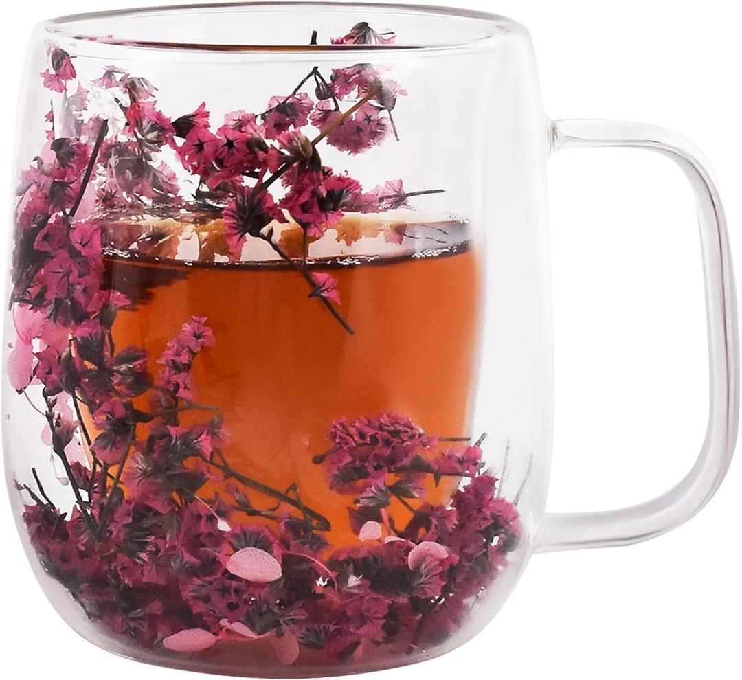 Real Flower Glass Tea Cup, Double Wall Borosilicate Coffee Mug with Preserved Flowers, Clear Aesthetic Floral Glassware, Romantic Gift for Women, Mom, Girlfriend, Mothers Day & Womens Day