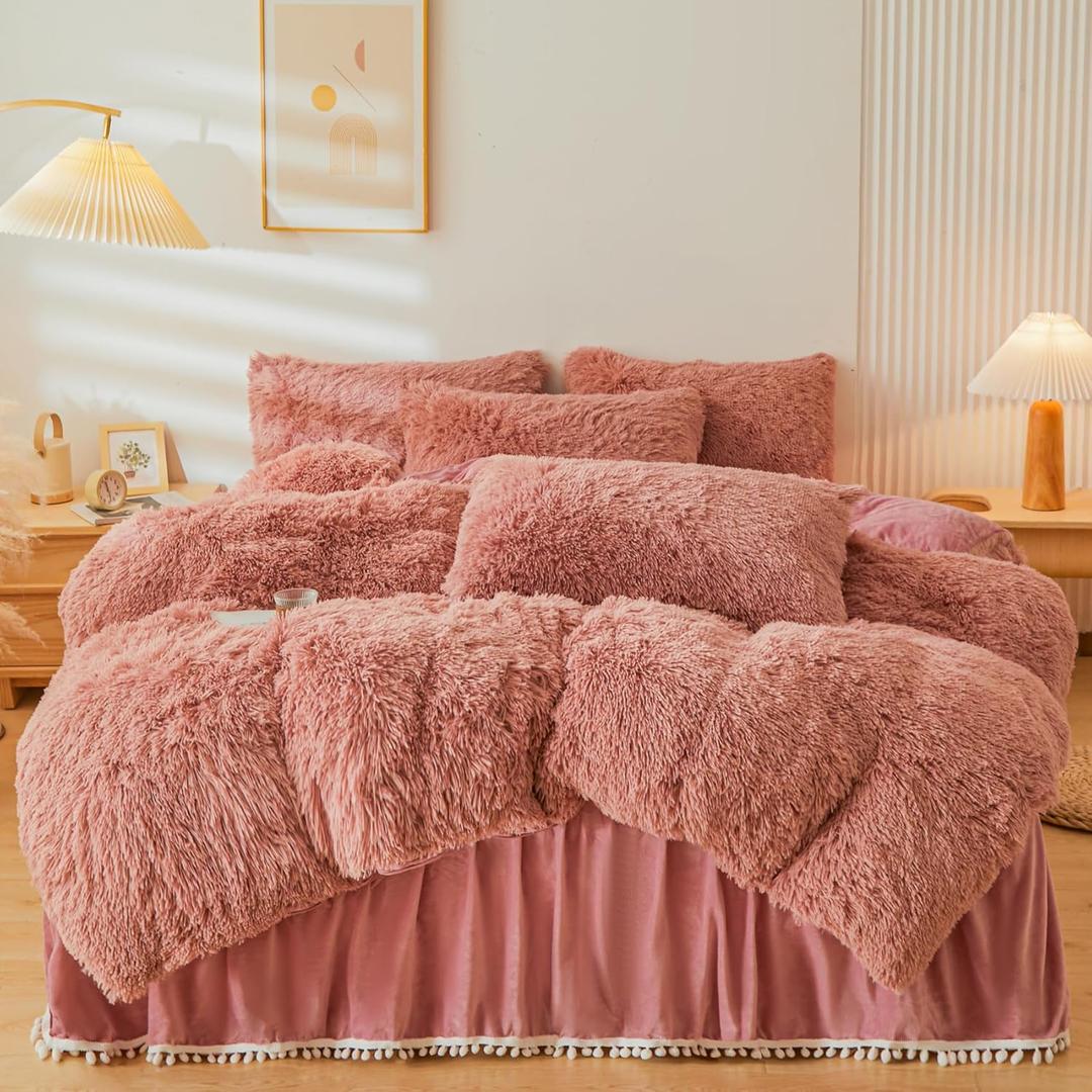Faux Fur Comforter Cover Set - Fluffy Plush Dusty Rose Bedding 4Pcs (1 Duvet Cover + 2 Pillowcases + 1 Velvet Bed Skirt) - Queen
