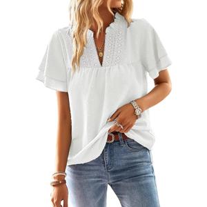Falechay Women's Tops Butterfly Sleeve V Neck Blouses for Women Dressy Casual Flowy Swiss Dot Ruffle Short Sleeve Shirts (Small, White)