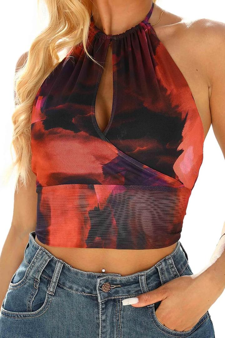2026 Women's Summer Halter Top V Neck Print Sleeveless Tie Back Mesh Backless Crop Camisoles Tops (Purple, S)