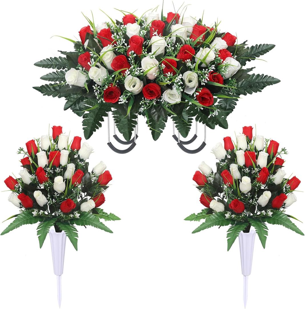 Lodou Artificial Cemetery Flower Saddles for Graves, Cemetery Memorial Flowers with Vase and 2 Memorial Bouquets for Grave Tombstone,Outdoor Grave Saddle Headstone Decorations (Red White)