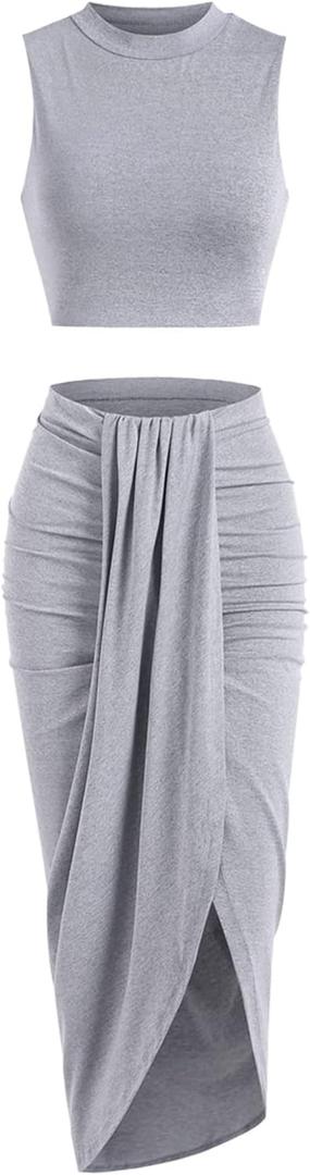 ZAFUL Women's Casual Sleeveless Summer Two Piece Outfits Crop Top and Side Split Draped Ruched Maxi Skirt Set Solid Suiting (Medium, B-gray)