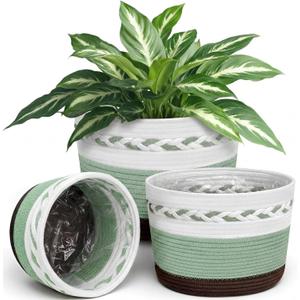 3 Pcs 7" 9" 13" Cotton Rope Plant Baskets Indoor with Plastic Liner 3 Colorful Straw Woven Plant Basket Indoor Green Round Wicker Basket for Living Room Floor Potted Pots Decor, 13"x9"x4.92