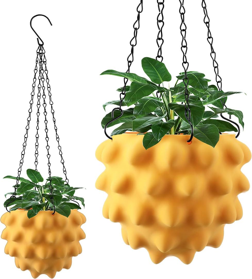 Enhon 6 Inch Hanging Planters for Indoor Plants, Unique Hanging Pots for Plants with Drainage and Hanger Baskets Hangers, Spiked Orb Plant Hanger, Matte Mustard Yellow
