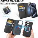 SHIELDON Case for iPhone 15 Pro, Genuine Leather Detachable Wallet Wireless Charging Folio Magnetic Kickstand RFID Blocking Card Slots Shockproof Case Compatible with iPhone 15 Pro 6.1" - Black