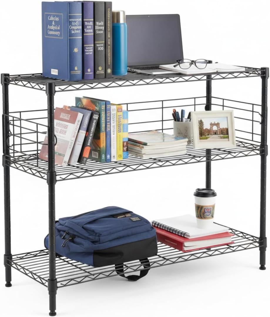 Black Desk Hutch for Dorm 2 Tier Desktop Hutch Bookshelf Carbon Steel Metal Shelf Bookcase for Top of Desk Countertop Storage Organizer for University College Dorm Office 36 x 28 x 12 Inch