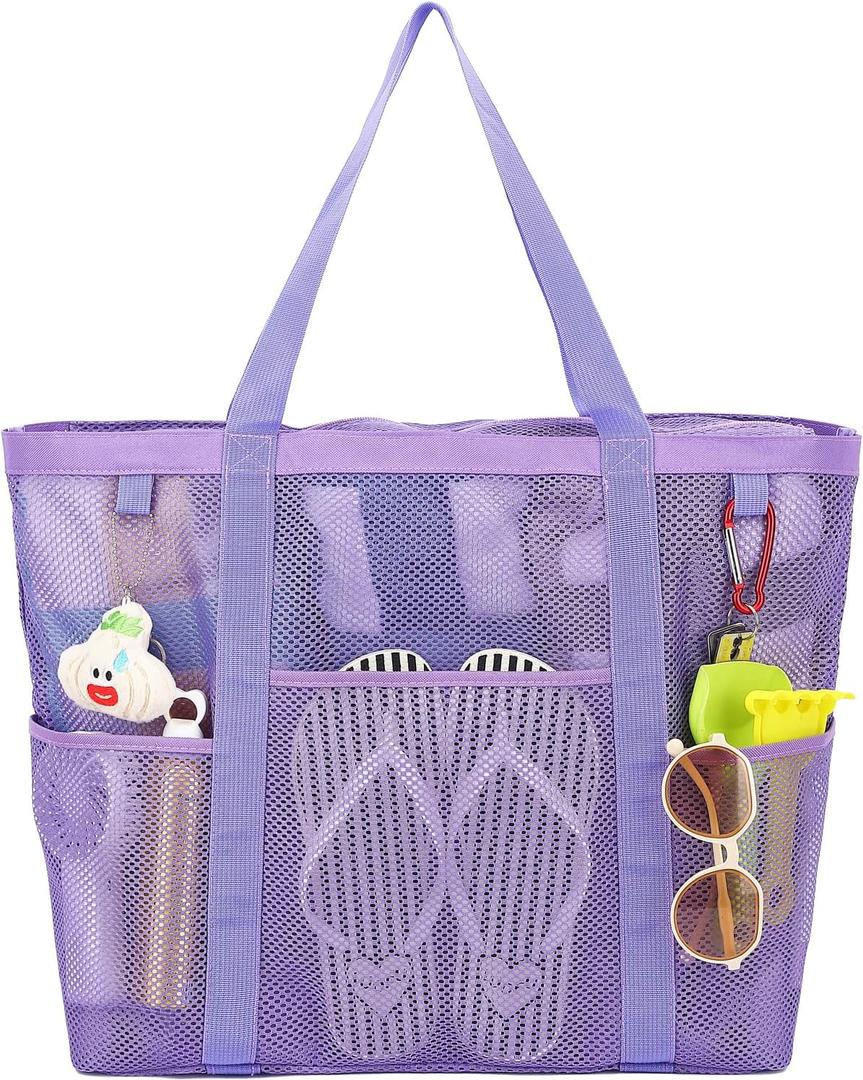 Mesh Beach Bag with Zipper, Large Beach Tote for Women, Toys Pool Swim Bag Travel Vacation Cruise Essentials
