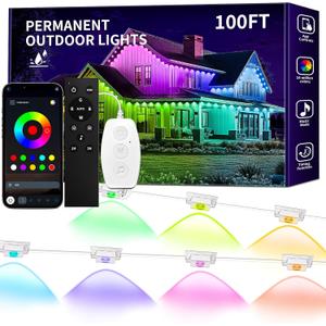 KSIPZE 100ft Permanent Outdoor Lights Waterproof IP67, Smart RGB+IC Eaves LED Lights with App & Button Control, 200+ Dynamic Scene Modes for House Roof, Garden, Christmas, Party Decor