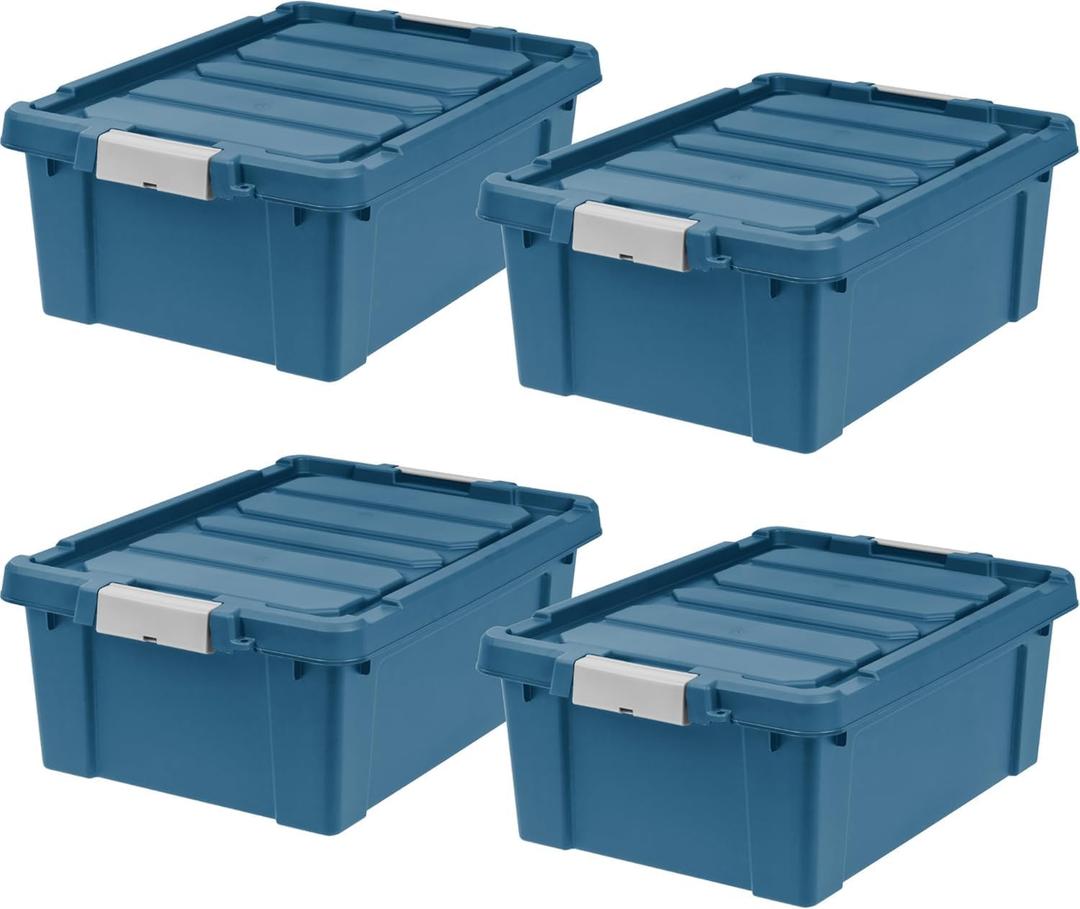 IRIS USA 12 Gallon Eco-Friendly Lockable Storage Bins with Lids, 4 Pack - Made in USA, Heavy Duty, Stackable Containers, Garage Organizing Bins Moving Tubs, Rugged Sturdy Equipment Utility Box - Navy