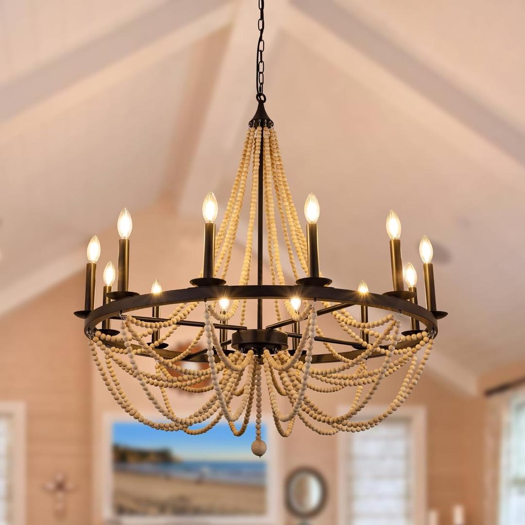 Wellmet Wood Bead Chandelier 38", 12 Light Black Wagon Wheel Chandelier, Farmhouse Dining Room Pendant Light Fixtures Bohemian Coastal Chandeliers for Foyer, Kitchen, Living Room, Entryway, Bedroom