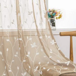 AmHoo 2 Panels Embroidered Leaf Pattern Semi Sheer Curtains Foliage Floral Voile Window Draperies Treatment for Bedroom Living Room Rod Pocket Taupe 53 x 95 Inch