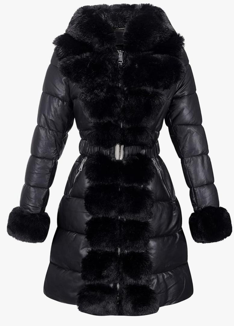 RISISSIDA Women Winter Fur Lined Coat,Puffer Jacket with Long Fur Trim Hooded,Warm Leather Bubble Overcoat Cold-resistant, 1XL