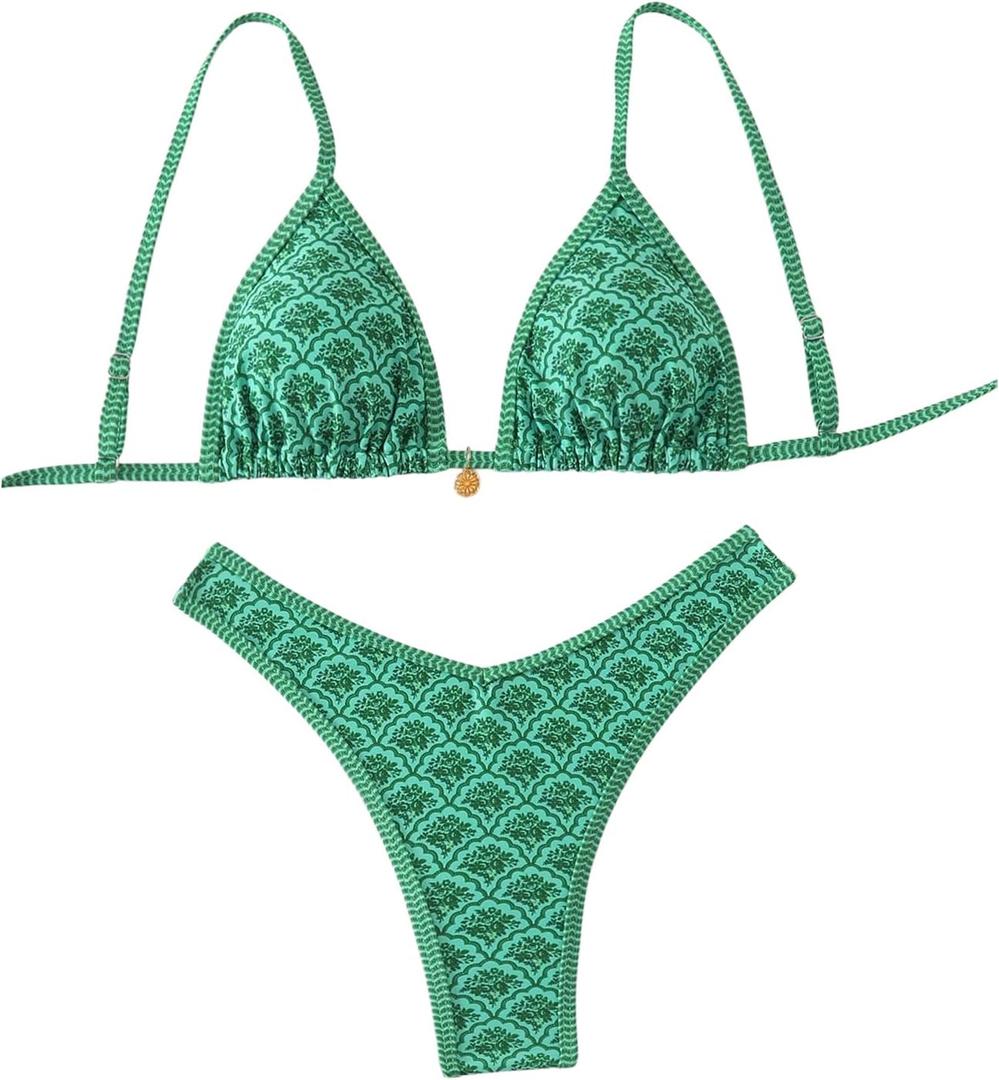 BEAUDRM Women's Triangle Thong Bikini Sets Y2k Floral Cute Bikinis String Swimsuits Bathing Suit (S)