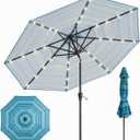 10FT Solar Lighted Patio Umbrella, Outdoor Table Market Umbrellas with Push Button Tilt and Crank, 32 LED Lights, 8 Sturdy Ribs, UV-Resistant for Deck, Garden, Pool, Blue and Green Stripe