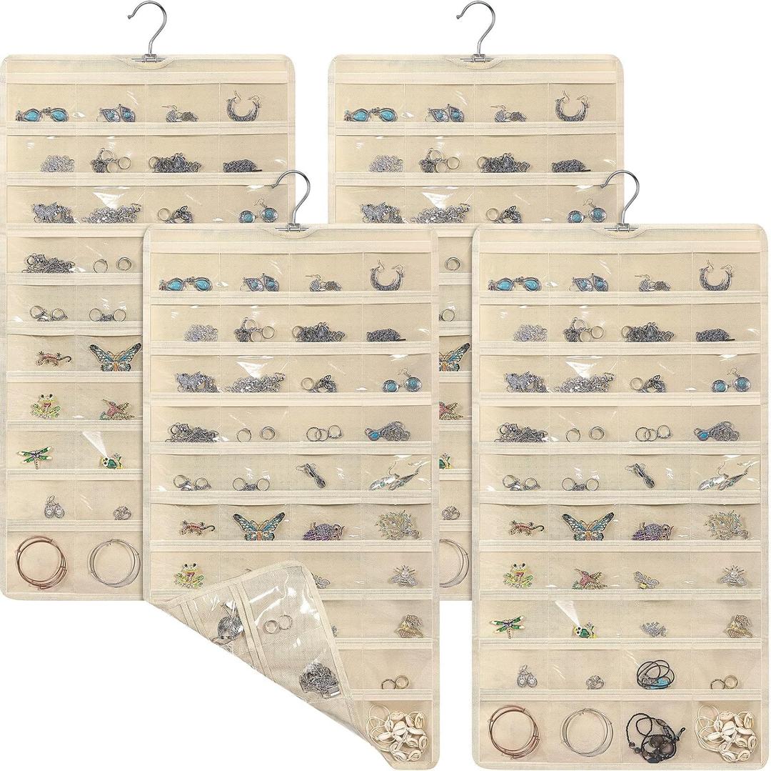 4 Pcs Hanging Jewelry Organizer with 80 Pockets Earring Storage Organizer Dual Sided Earring Holder Necklace Hanger Closet for Bracelet, Necklace, Ring, Knitting Tool, Accessories, Beige