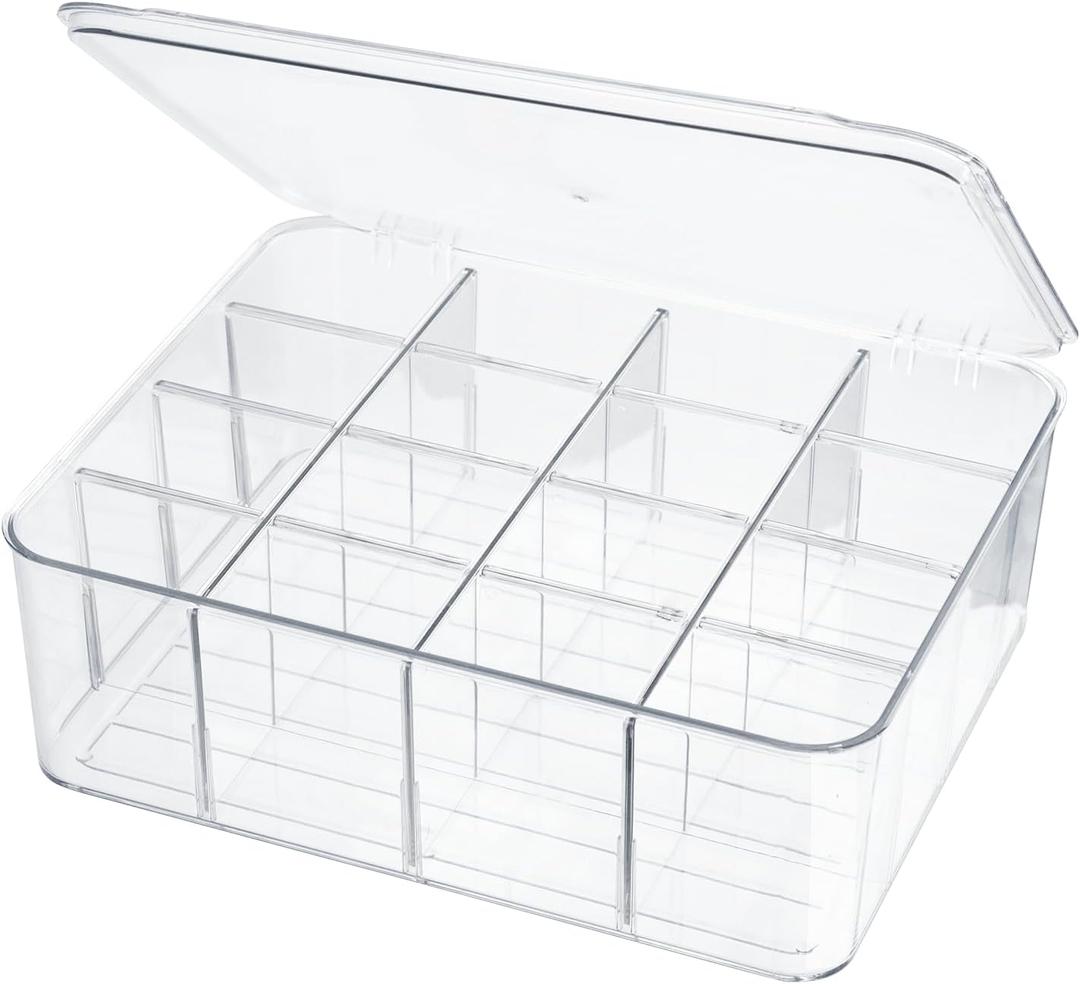 Socks Underwear Drawer Organzier Dividers, 16 Compartment Removable Divided Plastic Storage Bin with Lid, Storage Organizer for Scarves Ties Bras, Clear Dresser Drawer Organizers (Large-16 Grids)