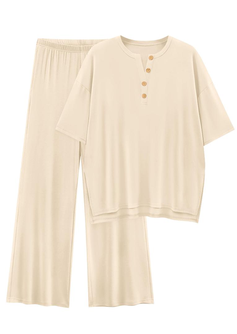PRETTYGARDEN 2 Piece Lounge Sets for Women Summer 2025 Short Sleeve Tops Wide Leg Pants Matching Travel Outfits Clothing (Beige,Small)