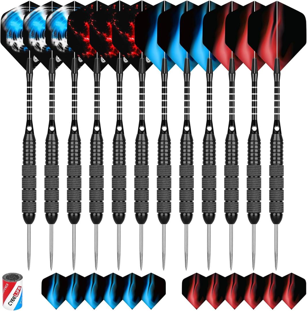 CyeeLife 12 Pack Steel Tip Darts, Professional Metal Dart Set with 12 Premium Aluminum Shafts and 4 Style PET Flights and Sharpener,22 Grams (Black)