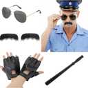Mepase 5 Pcs Halloween Cop Costume Men Lieutenant Police Costume Accessories Set Border Patrol Outfits Include Sunglasses, Baton, Fingerless Gloves and Mustache Funny Halloween Cosplay Adult