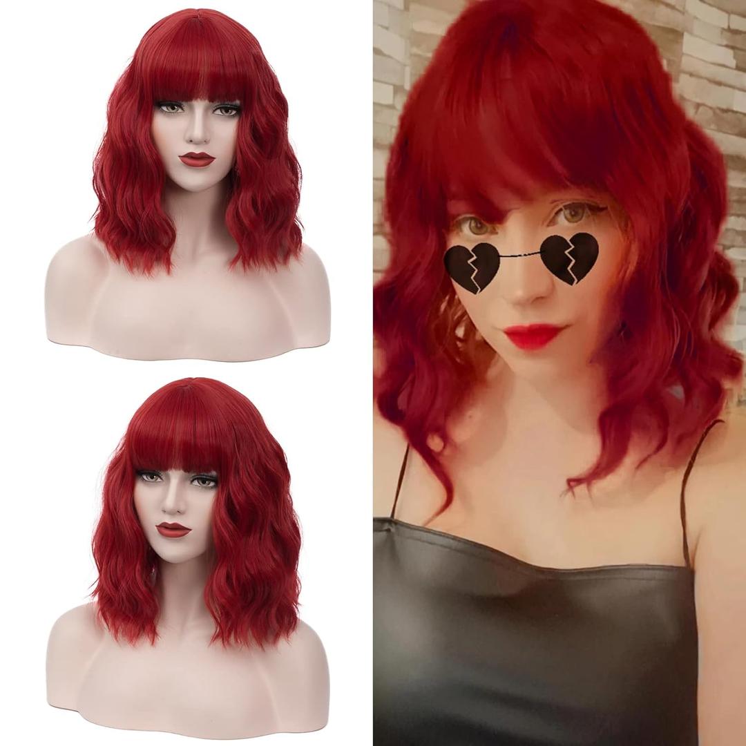 14" Short Dark Red Curly Wig For Women Girls Heat Resistant Fiber Wigs Halloween Cosplay Daily Party+Cap (Dark Red)